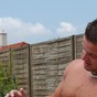 Sexy blonde spreads pussy lips and gives outdoor suckjob