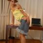 Pig-tailed tall teen siren stripping and toying her skinny pussy on the table